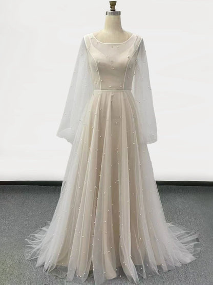 Simple Modest A-line Long Sleeve Tulle Elopement Illusion Wedding Dresses with Pearl