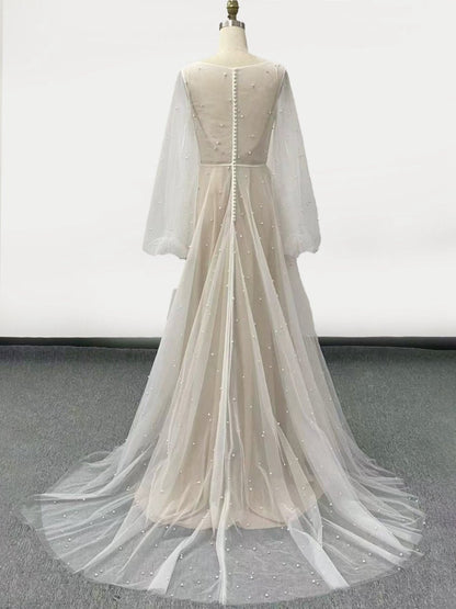 Simple Modest A-line Long Sleeve Tulle Elopement Illusion Wedding Dresses with Pearl