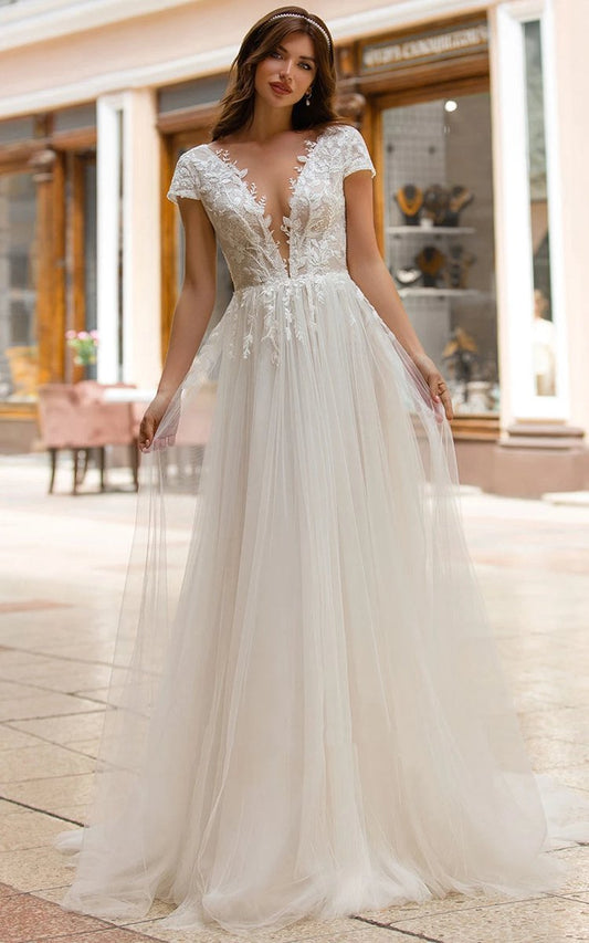 A-line Plunging Neckline Tulle Sweep Train Wedding Dresses with Appliques
