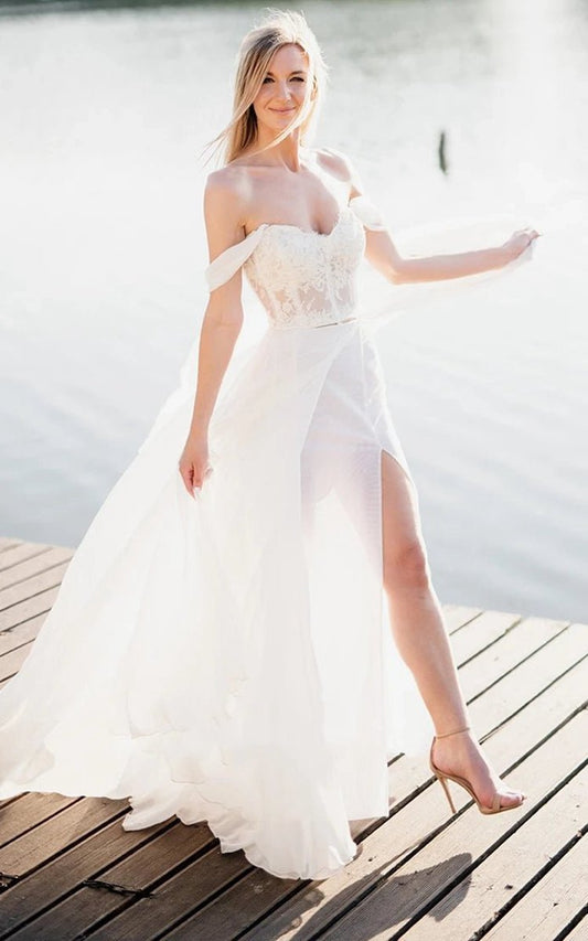 Two Piece Off-the-shoulder Lace Wedding Dresses with Cross Back And Split Front