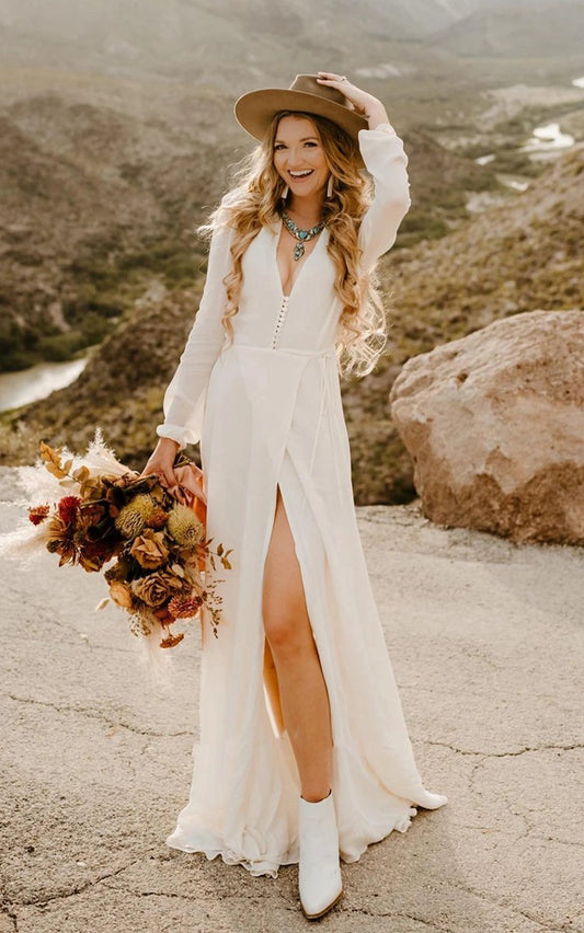 A-line Sleeved Chiffon Wedding Dresses with Sweep Train and Slit