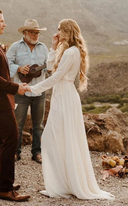 A-line Sleeved Chiffon Wedding Dresses with Sweep Train and Slit