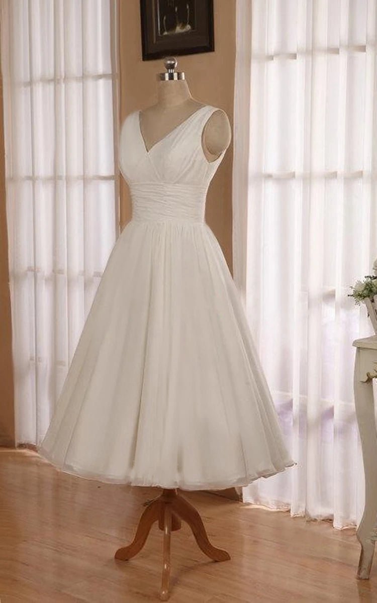 V-Neck Sleeveless Tea-Length Chiffon Wedding Dresses with Ruching And Low-V Back