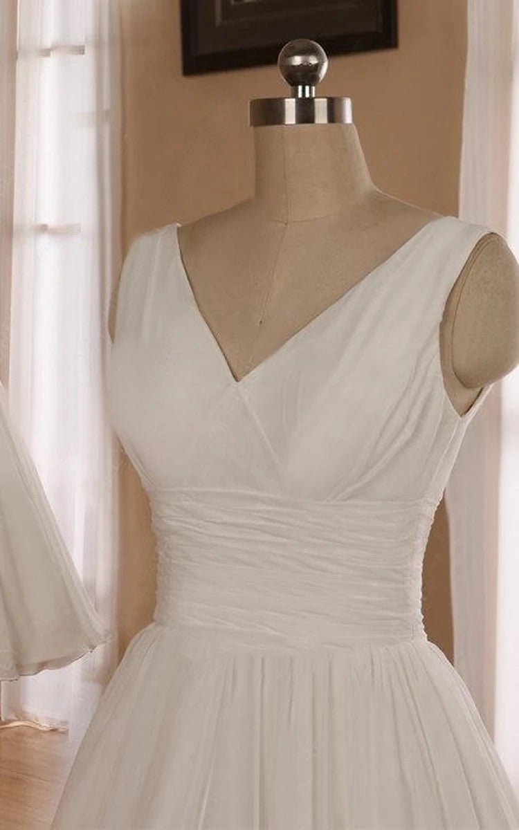 V-Neck Sleeveless Tea-Length Chiffon Wedding Dresses with Ruching And Low-V Back