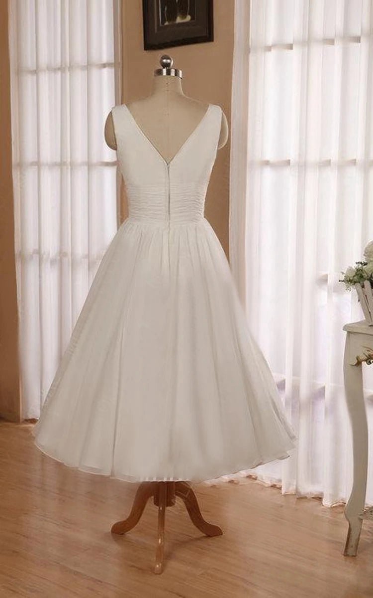 V-Neck Sleeveless Tea-Length Chiffon Wedding Dresses with Ruching And Low-V Back