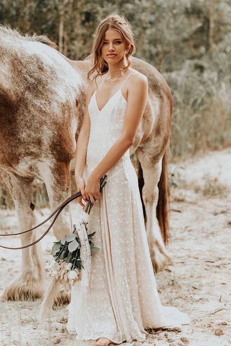 Lace Spaghetti V-neck Sheath Wedding Gown with Straps And Open Back