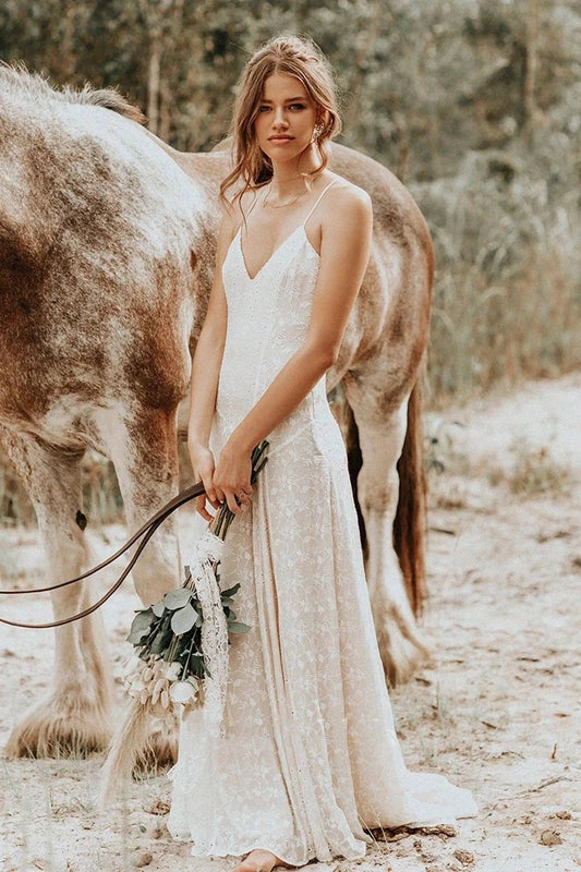 Lace Spaghetti V-neck Sheath Wedding Gown with Straps And Open Back