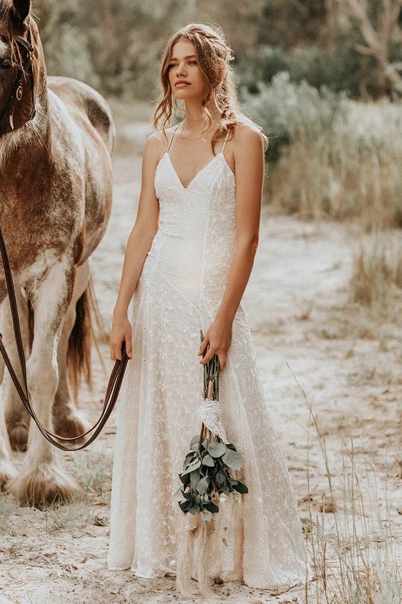Lace Spaghetti V-neck Sheath Wedding Gown with Straps And Open Back