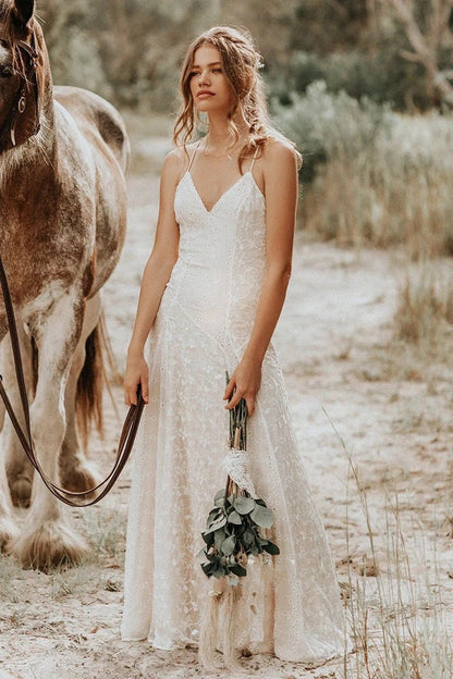 Lace Spaghetti V-neck Sheath Wedding Gown with Straps And Open Back
