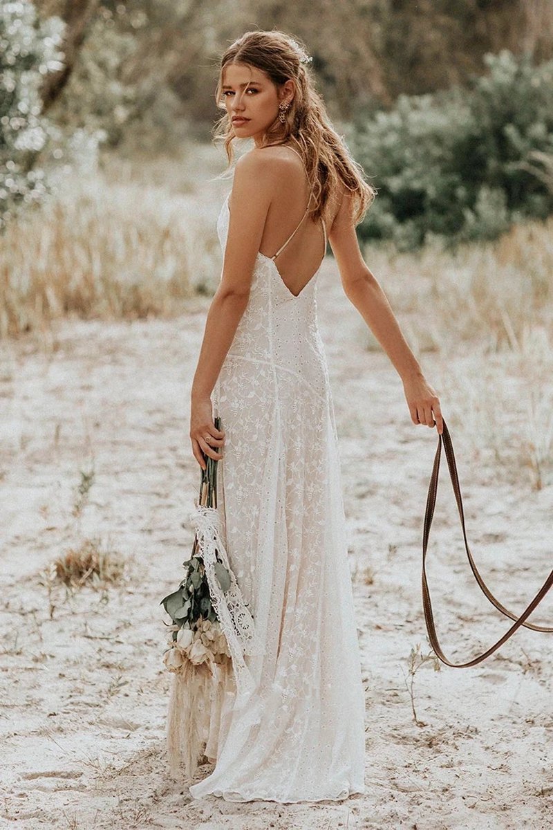 Lace Spaghetti V-neck Sheath Wedding Gown with Straps And Open Back