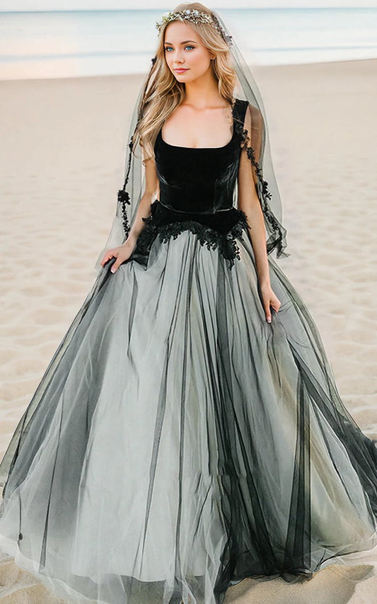 A-line and Unique Fairy Beach Lace Tulle Square Neck Floor Wedding Dresses with Keyhole Back
