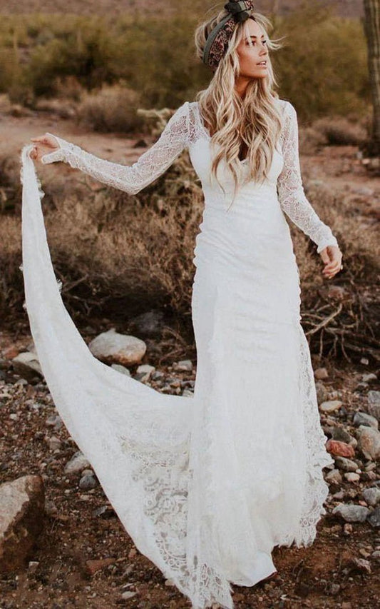 Vintage Sheath Satin V-neck Long Sleeve Wedding Dresses