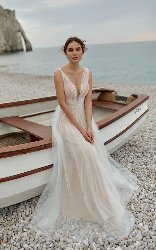 A-line Tulle Gorgeous Deep V-Neck Open Back Double Layered rs Elegant Floor Length Long Dresses with Sequin