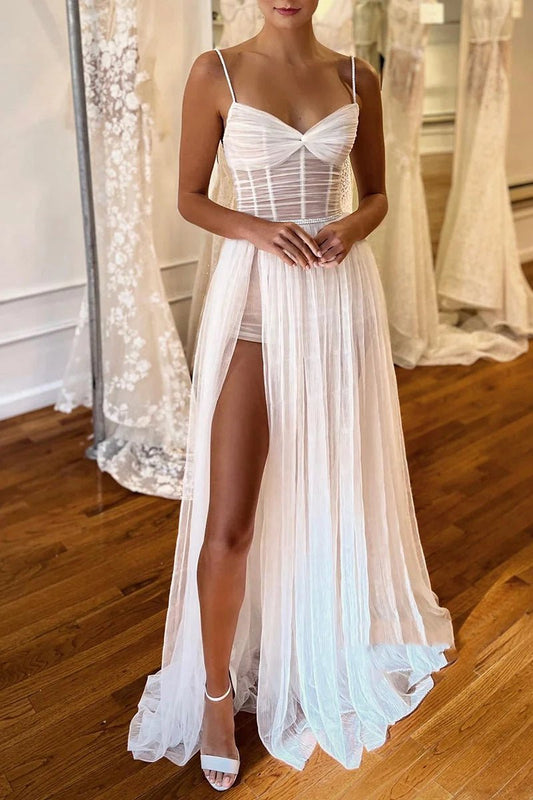 Spgahetti Straps Pleats High Split Bohemian Wedding Dresses