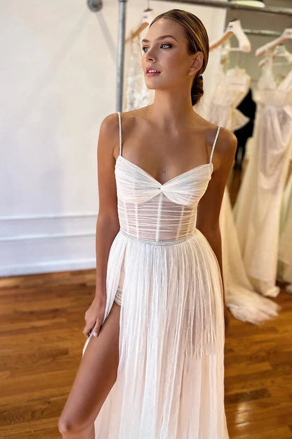 Spgahetti Straps Pleats High Split Bohemian Wedding Dresses