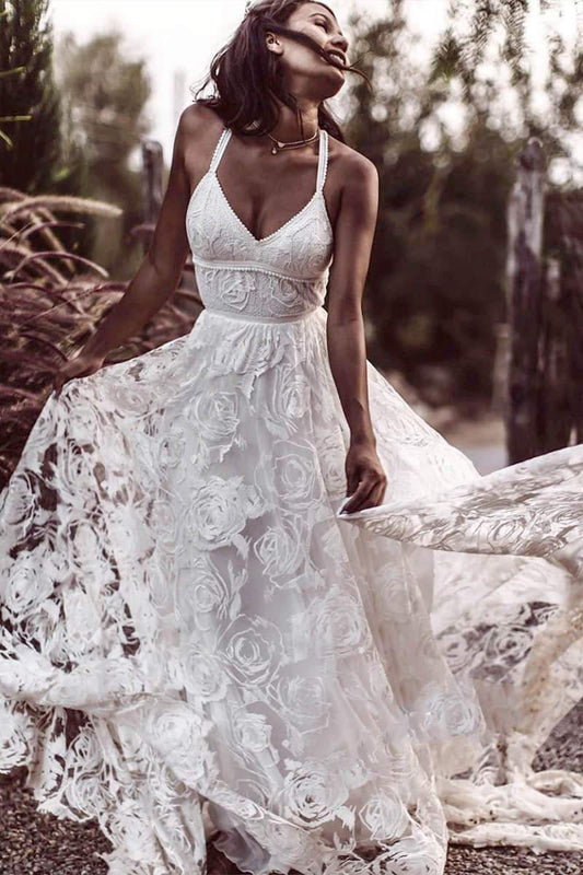 Luxury Lace Chic Halter A-line Bohemian Wedding Dresses with Slit Bridal Gowns