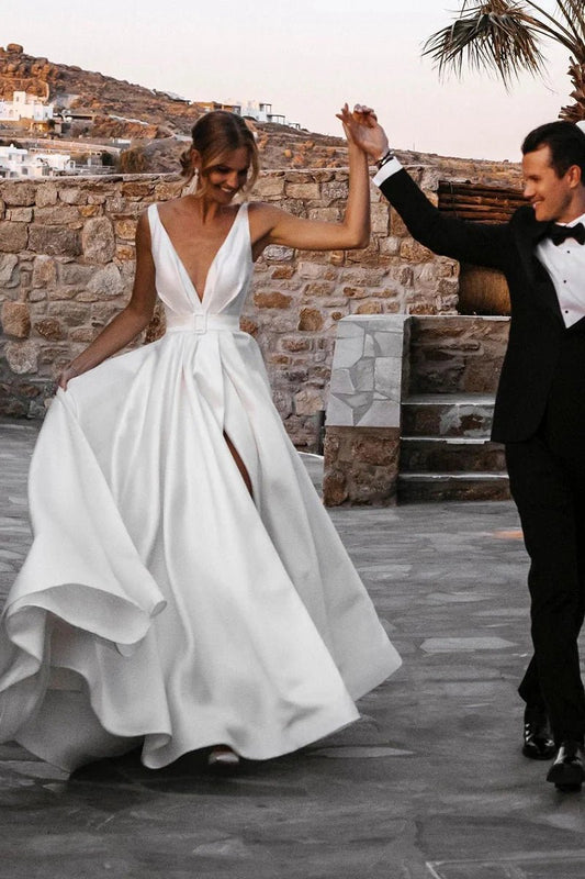 Attractive Deep V-Neck Satin Bohemian Wedding Dresses