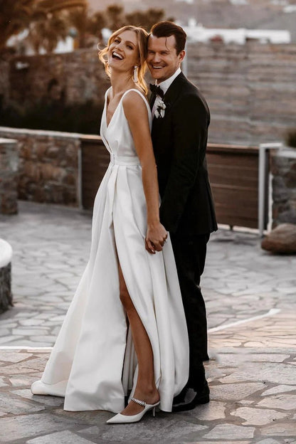Attractive Deep V-Neck Satin Bohemian Wedding Dresses