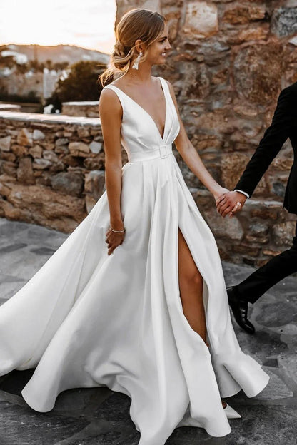 Attractive Deep V-Neck Satin Bohemian Wedding Dresses
