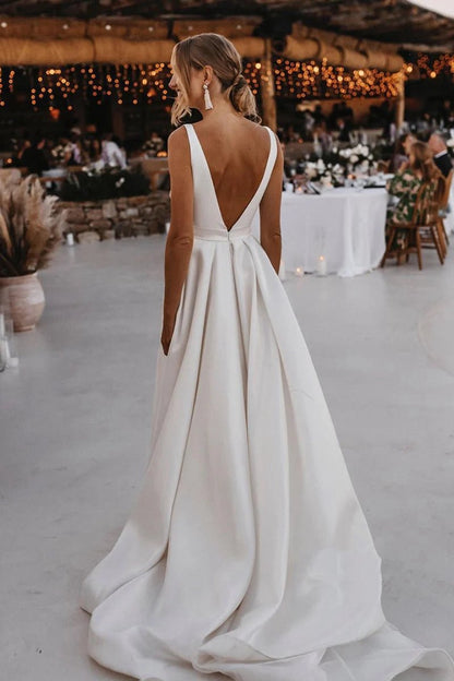 Attractive Deep V-Neck Satin Bohemian Wedding Dresses