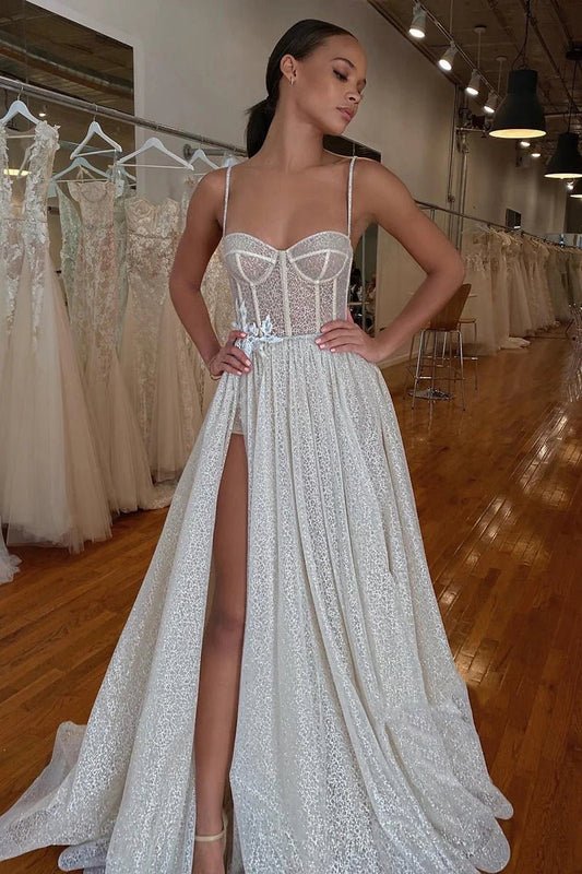 Spaghetti Straps Lace Appliques Sparkly A-line Wedding Dresses