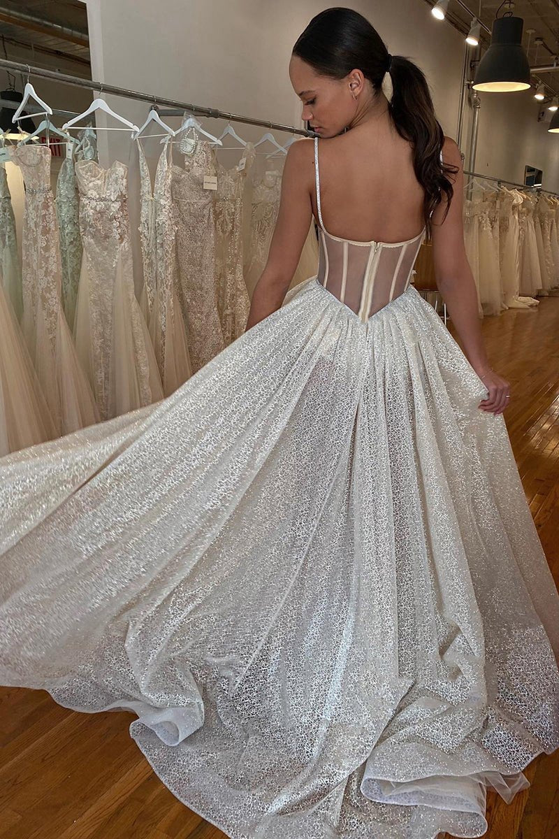 Spaghetti Straps Lace Appliques Sparkly A-line Wedding Dresses