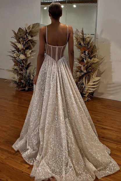 Spaghetti Straps Lace Appliques Sparkly A-line Wedding Dresses