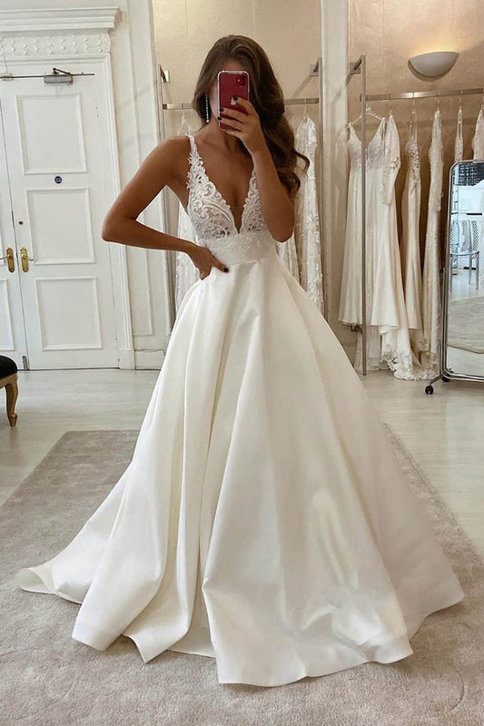A-line V-neck Lace Appliques Satin Wedding Dresses Bridal Gowns