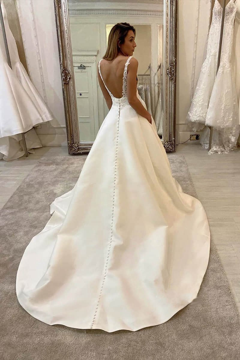 A-line V-neck Lace Appliques Satin Wedding Dresses Bridal Gowns