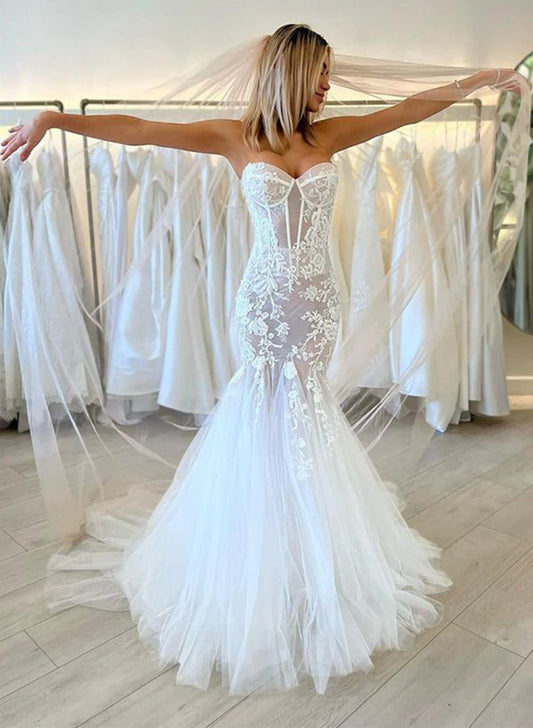 Mermaid Sweetheart Sleeveless Lace Wedding Dresses