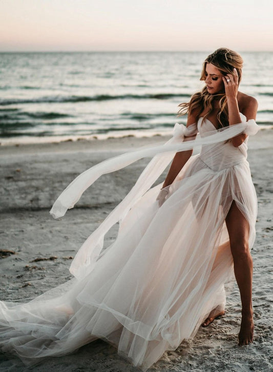 Beach Pleated Tulle Off-The-Shoulder A-line Wedding Dresses with Slit