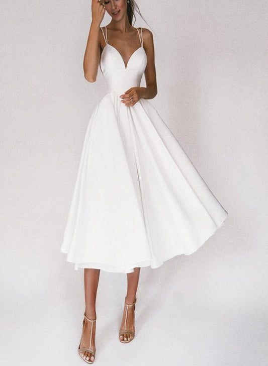 A-line V-Neck Sleeveless Satin Knee-Length Wedding Dresses