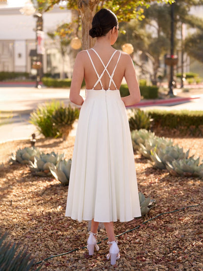 A-line V-Neck Sleeveless Satin Knee-Length Wedding Dresses