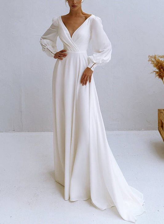 A-line V-Neck Long Sleeves Chiffon Wedding Dresses with Beading