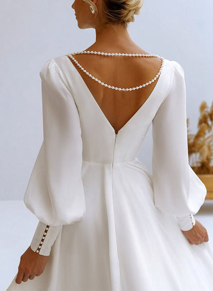 A-line V-Neck Long Sleeves Chiffon Wedding Dresses with Beading