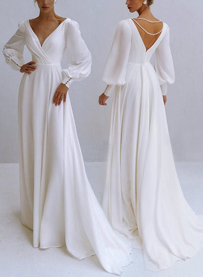 A-line V-Neck Long Sleeves Chiffon Wedding Dresses with Beading