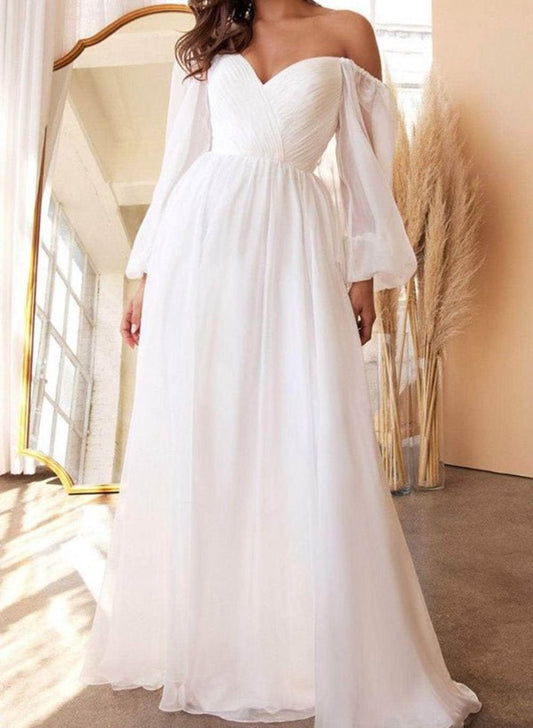 A-line Off-the-Shoulder Long Sleeves Chiffon Floor-Length Wedding Dresses