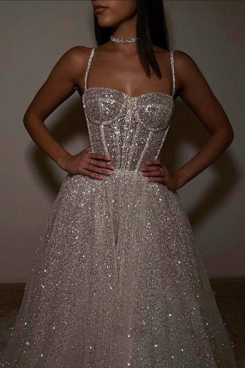 Spaghetti Straps Sparkly Bohemian Wedding Dresses