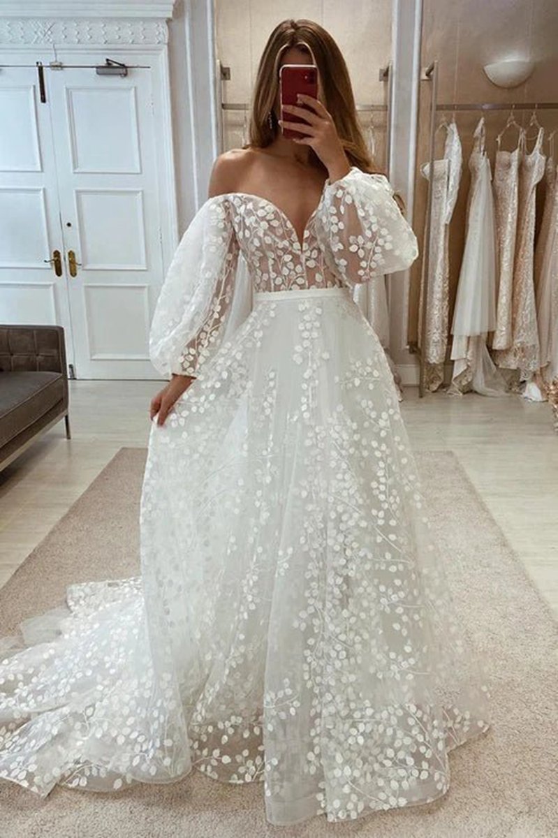 Plunging V-Neck Allover Lace Bohemian Wedding Dresses with Sleeves