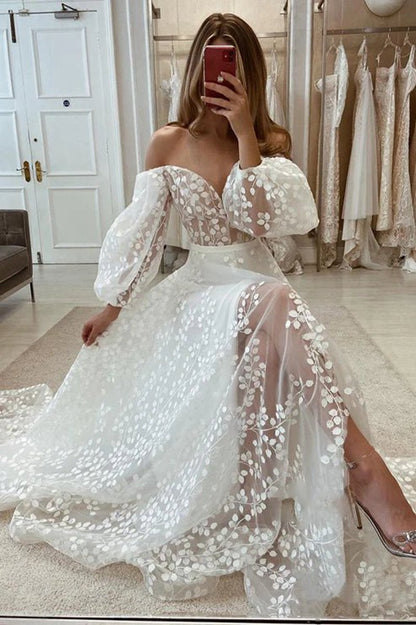 Plunging V-Neck Allover Lace Bohemian Wedding Dresses with Sleeves