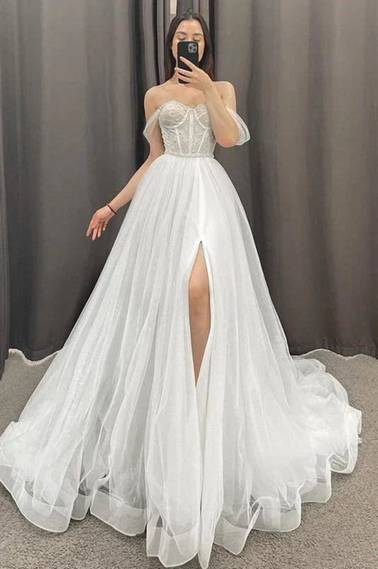 A-line Off the Shoulder Beads High Split Rustic Wedding Dresses