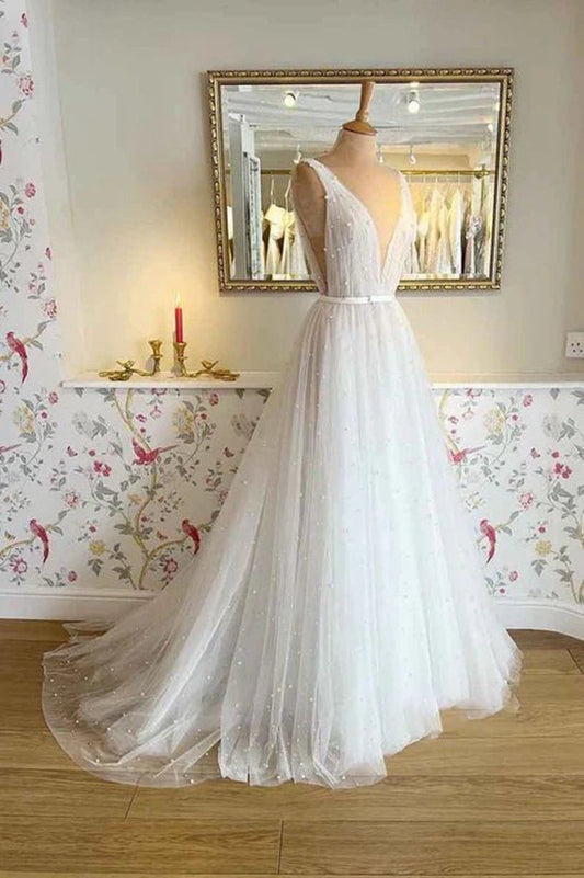 A-line V neck Pearls Elegant Wedding Dresses