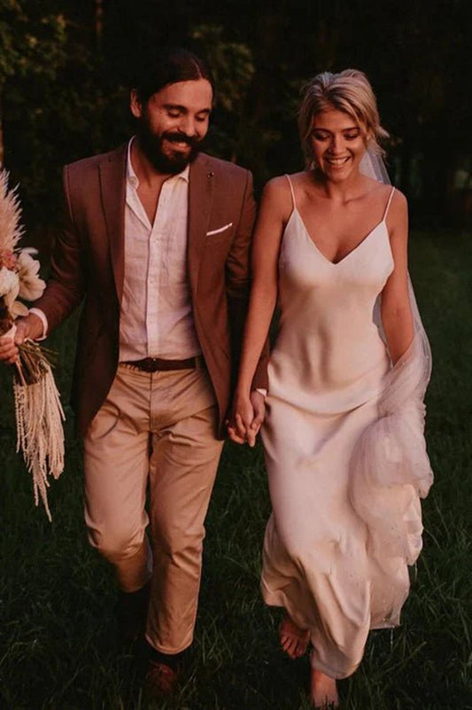 Spaghetti Straps V-neck Simple Beach Wedding Dresses