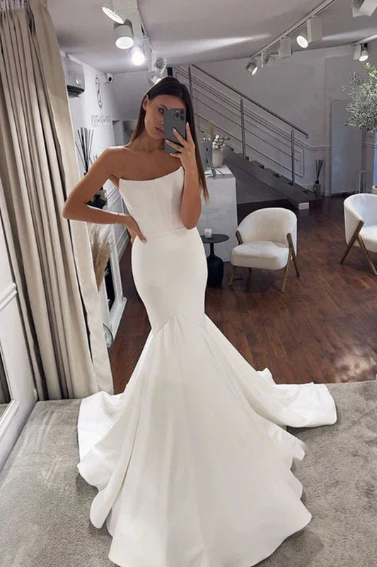 Simple Mermaid Strapless Satin Wedding Dresses Bridal Gowns