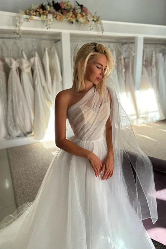 Glitter One Shoulder Bowknot Tulle Wedding Dresses Bridal Gowns with Train