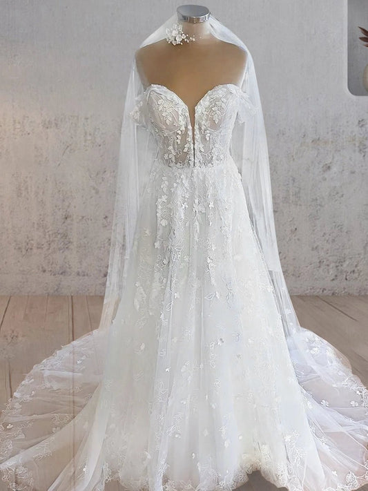 Sweetheart Off the Shoulder A-line Tulle Lace Applique with Tulle Train Wedding Dresses