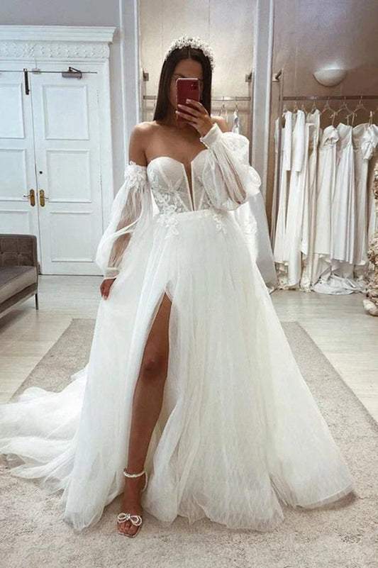 Tulle A-line Sweetheart Detachable Long Sleeve Lace Applique with Side Slit Wedding Dresses