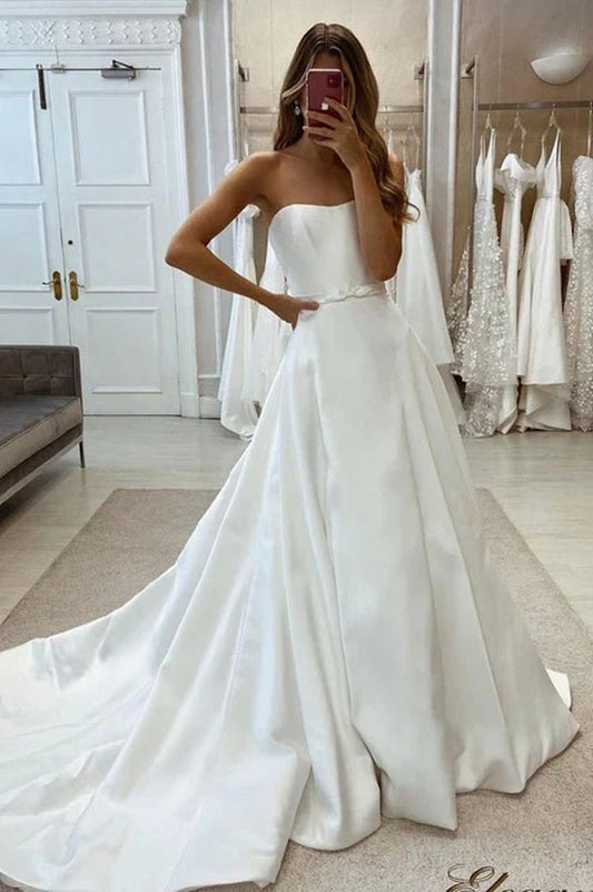 Simple Satin A-line Sweetheart Strapless Belt with Train Wedding Dresses