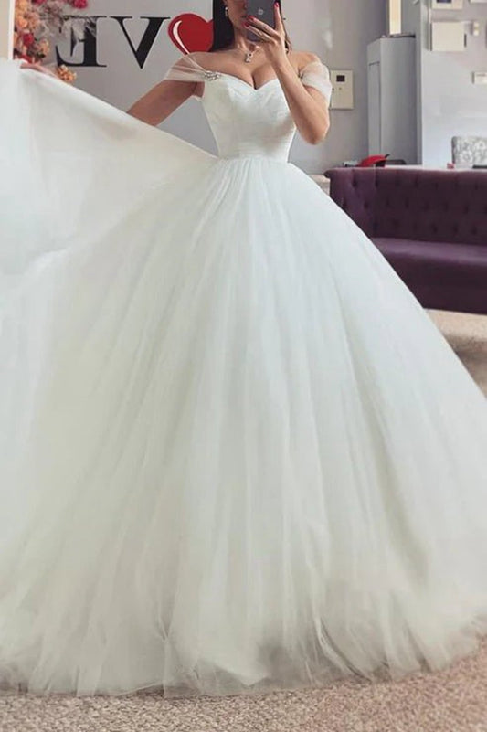 Sweetheart Off-Shoulder Tulle A-line Lace Applique Illusion Empire Wedding Dresses