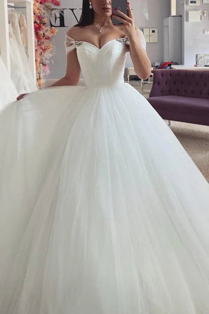 Sweetheart Off-Shoulder Tulle A-line Lace Applique Illusion Empire Wedding Dresses